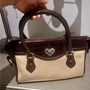 Brighton Vtg Brown and Cream Satchel with Heart Detail leather